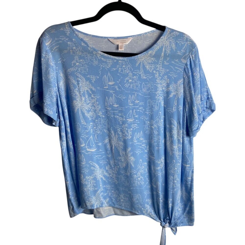 LC Lauren Conrad Size L Blue Short Sleeve Blouse Tie Top Costal Boat Print Beach